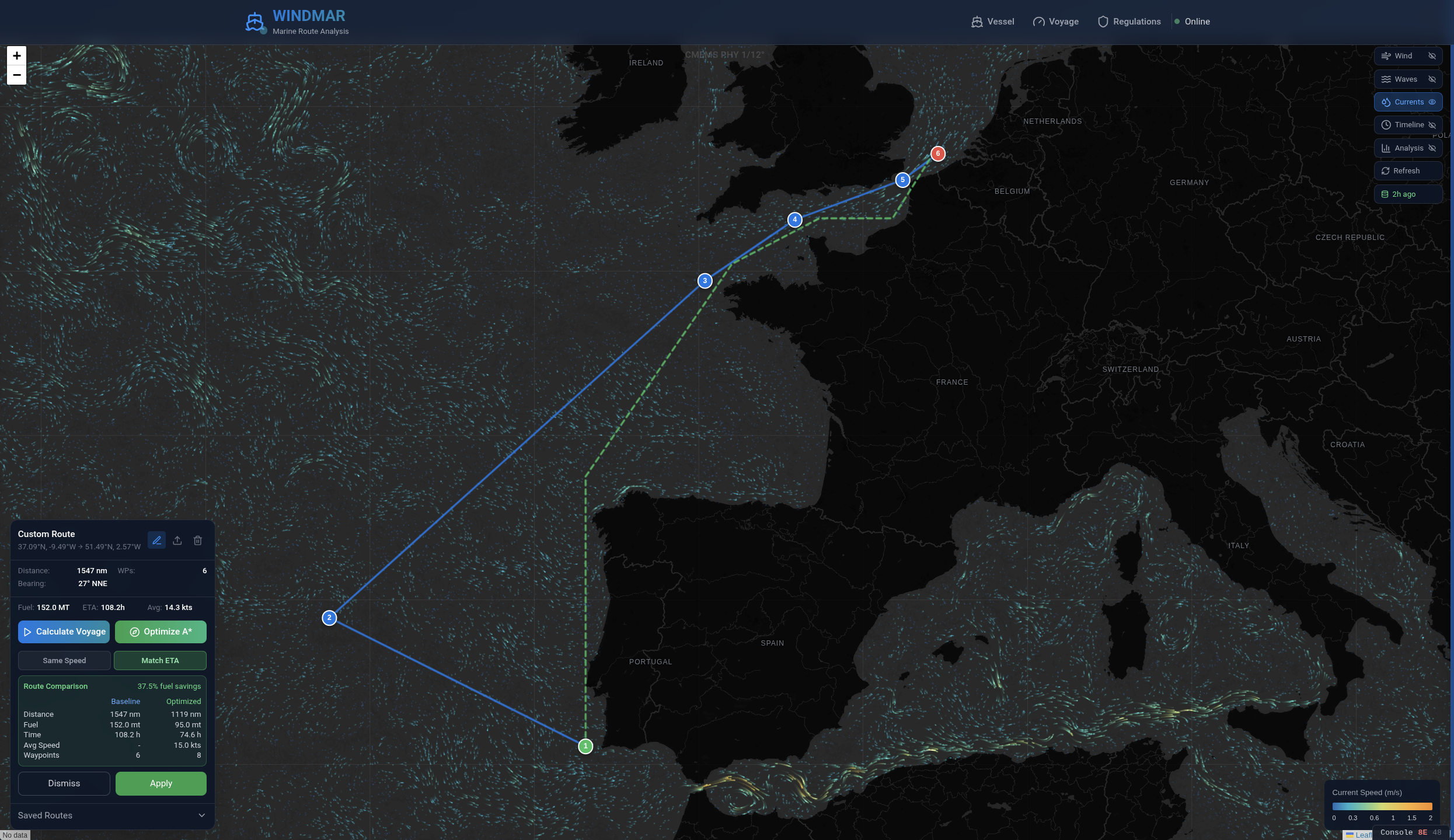 WindMar v0.0.6 — Interface ECDIS avec double affichage de route et crêtes de vagues